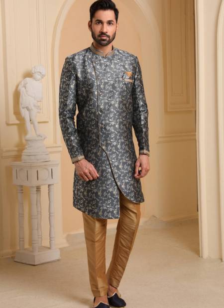 Gray Colour Heavy Jacquard Silk Digital Print Wedding Wear Indo Western Mens Collection 9245